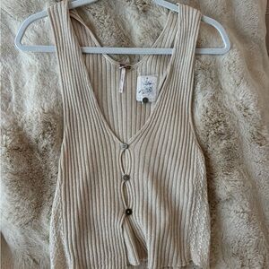 free people sparkle Cream Ribbed Buttoned Crop Tank Top